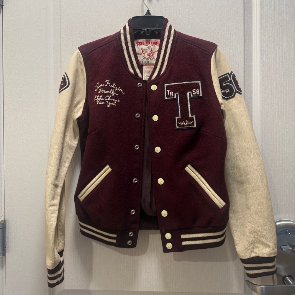 True Religion Varsity Letterman Vintage Jacket Burgundy and Cream size M